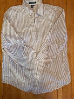 Lauren Ralph Lauren Women’s Beige and White Striped Dress Shirt w/ 3/4 sleeves